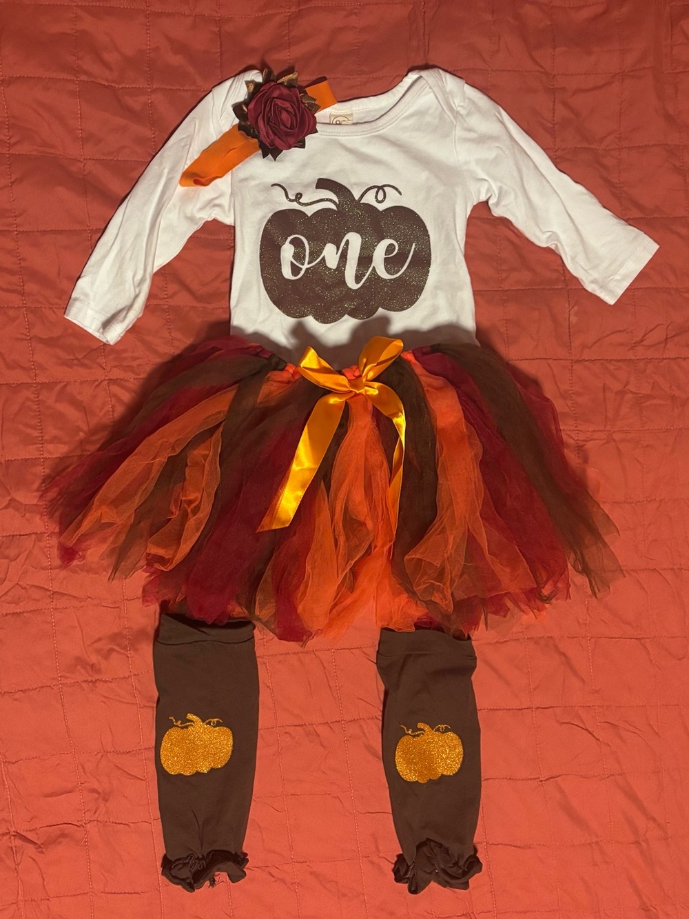 1st birthday one year old baby girl pumpkin fall outfit photo op